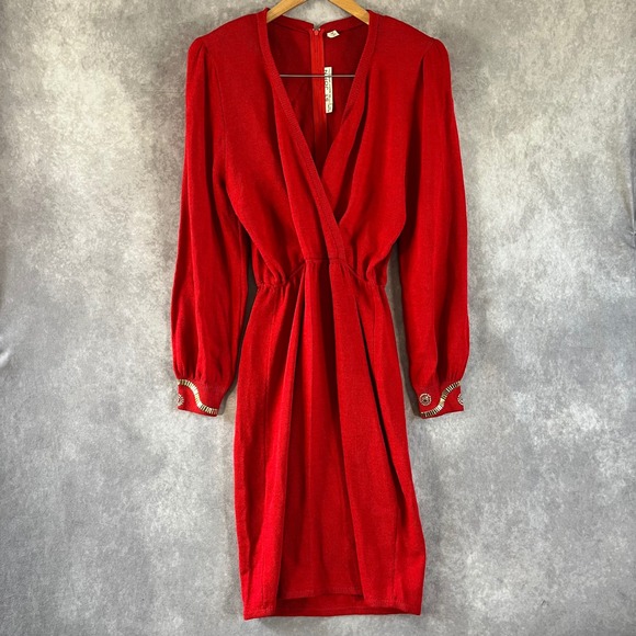 St. John Dresses & Skirts - St. John Knit Dress Women 12 Red V-Neck Embellished Cuff Vintage Marie Gray